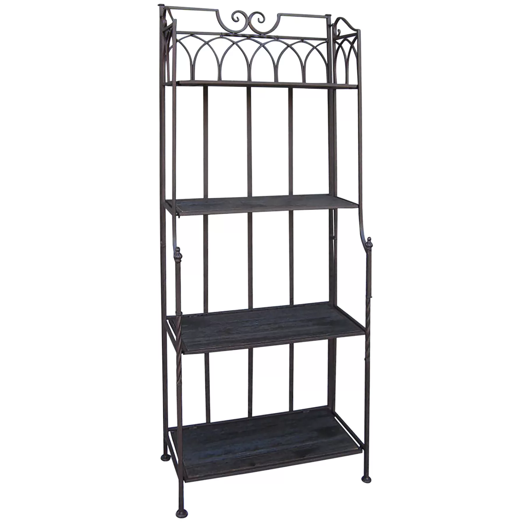 61In. Brown Decorative Arch Metal Rack With Folding Wood Top Shelves Clearance^* Flash Sale