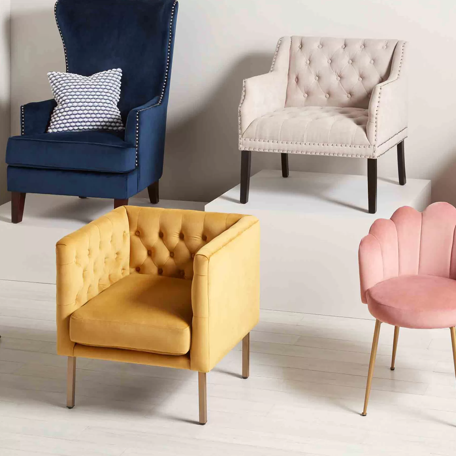 Lena Ivory Velvet Tufted Armchair With Nailhead Trim Discount Online^* Flash Sale
