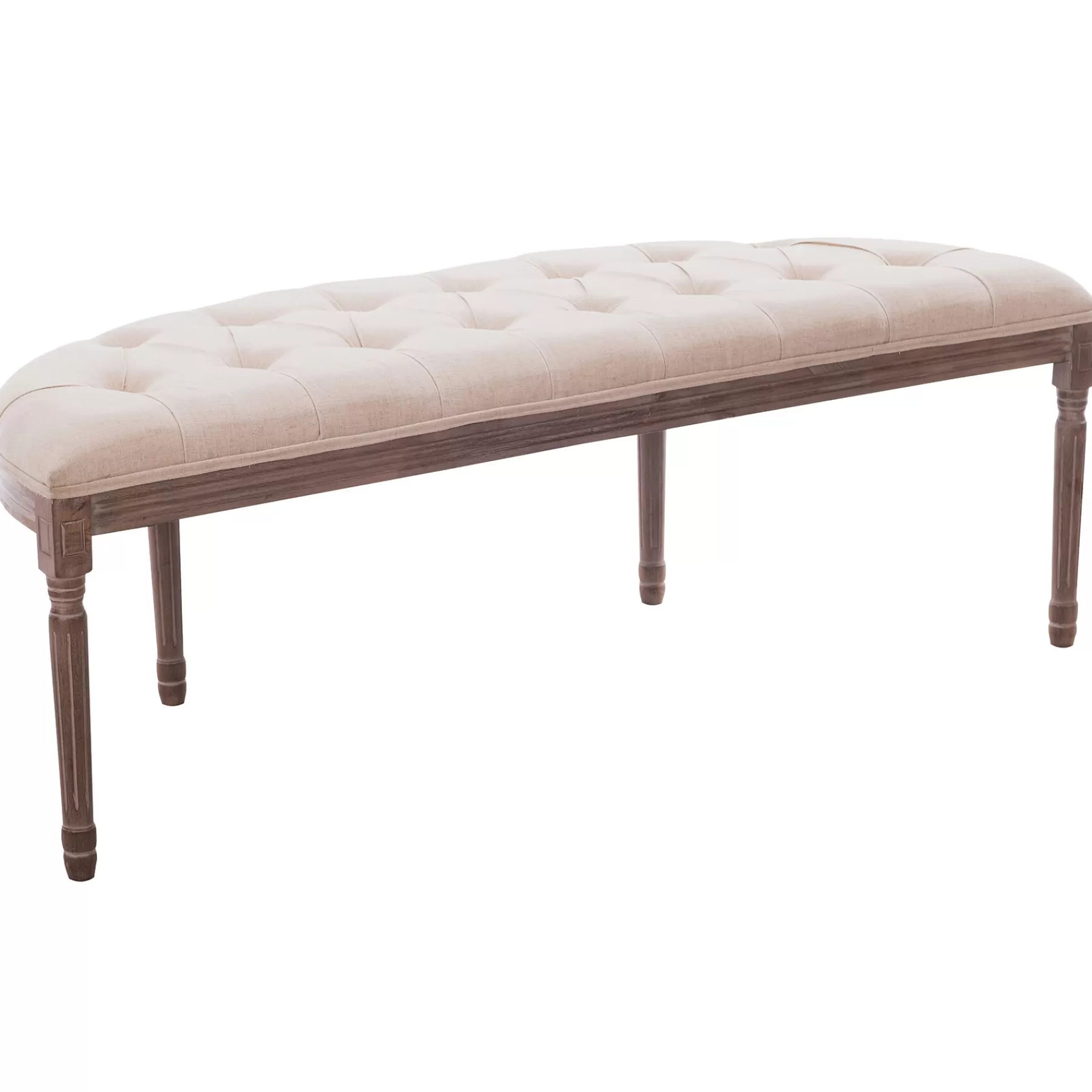 Lourdes Ivory Linen Tufted Curved Bench W/Distressed Wood Legs Opening Sales^* Flash Sale