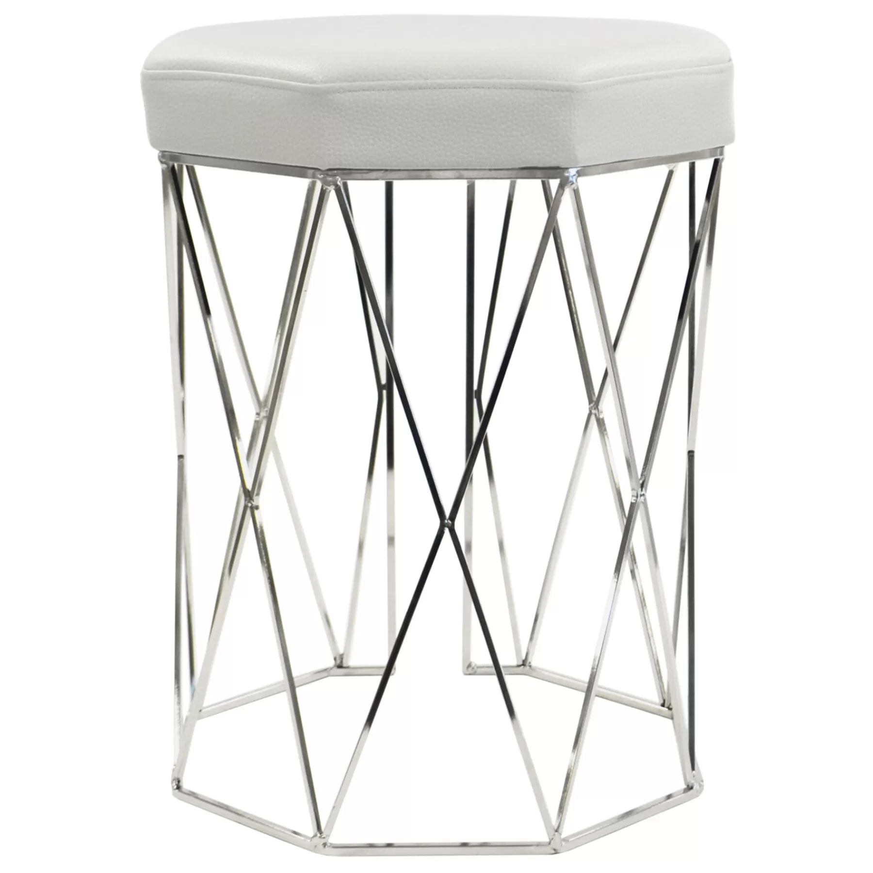 Prisma Chrome Wire Vanity Stool/Padded White Faux Leather Seat Featured^* Online