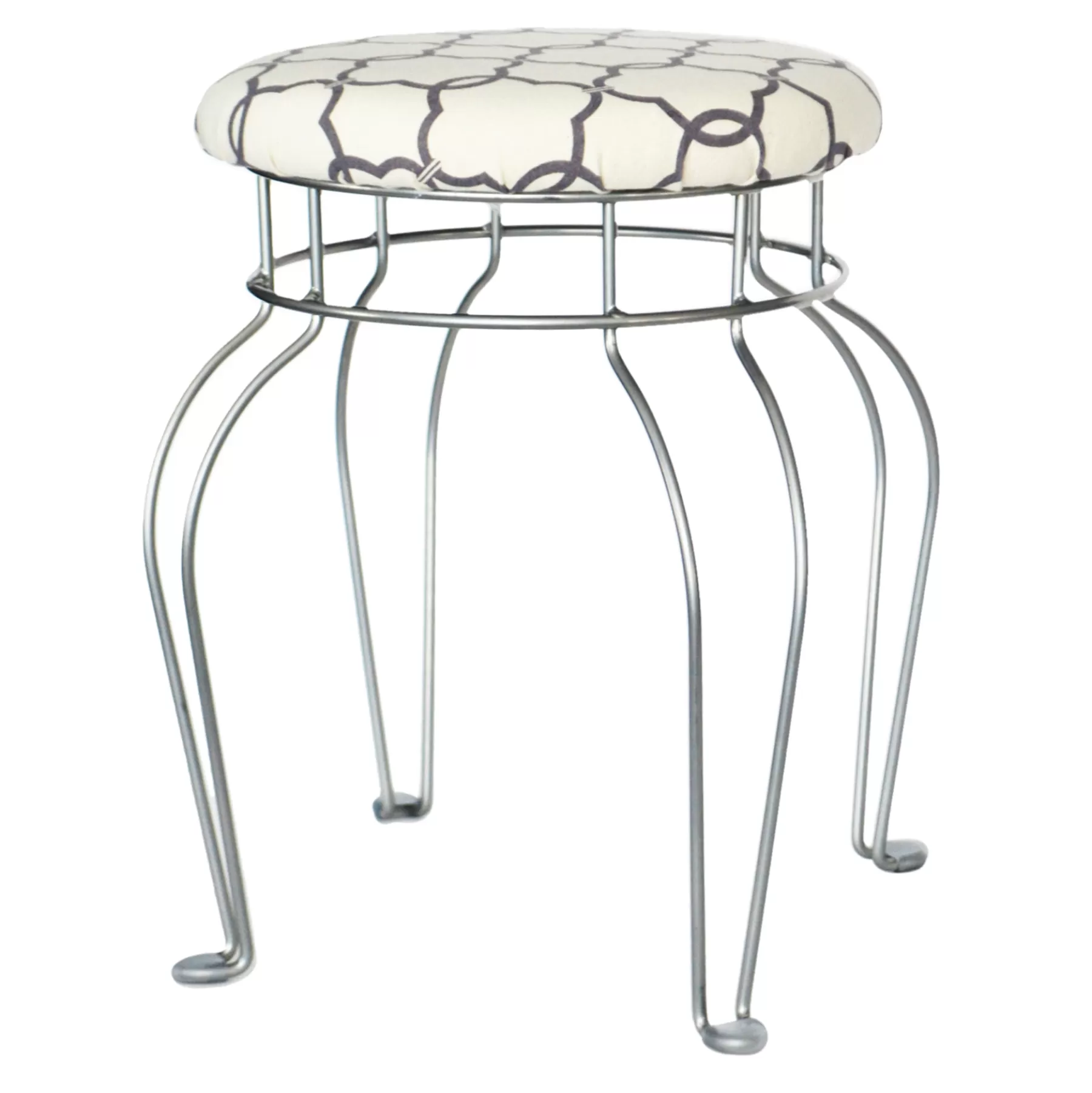 Quatrefoil Silver Wire Vanity Stool/Ivory Printed Fabric Seat Opening Sales^* Best Sale