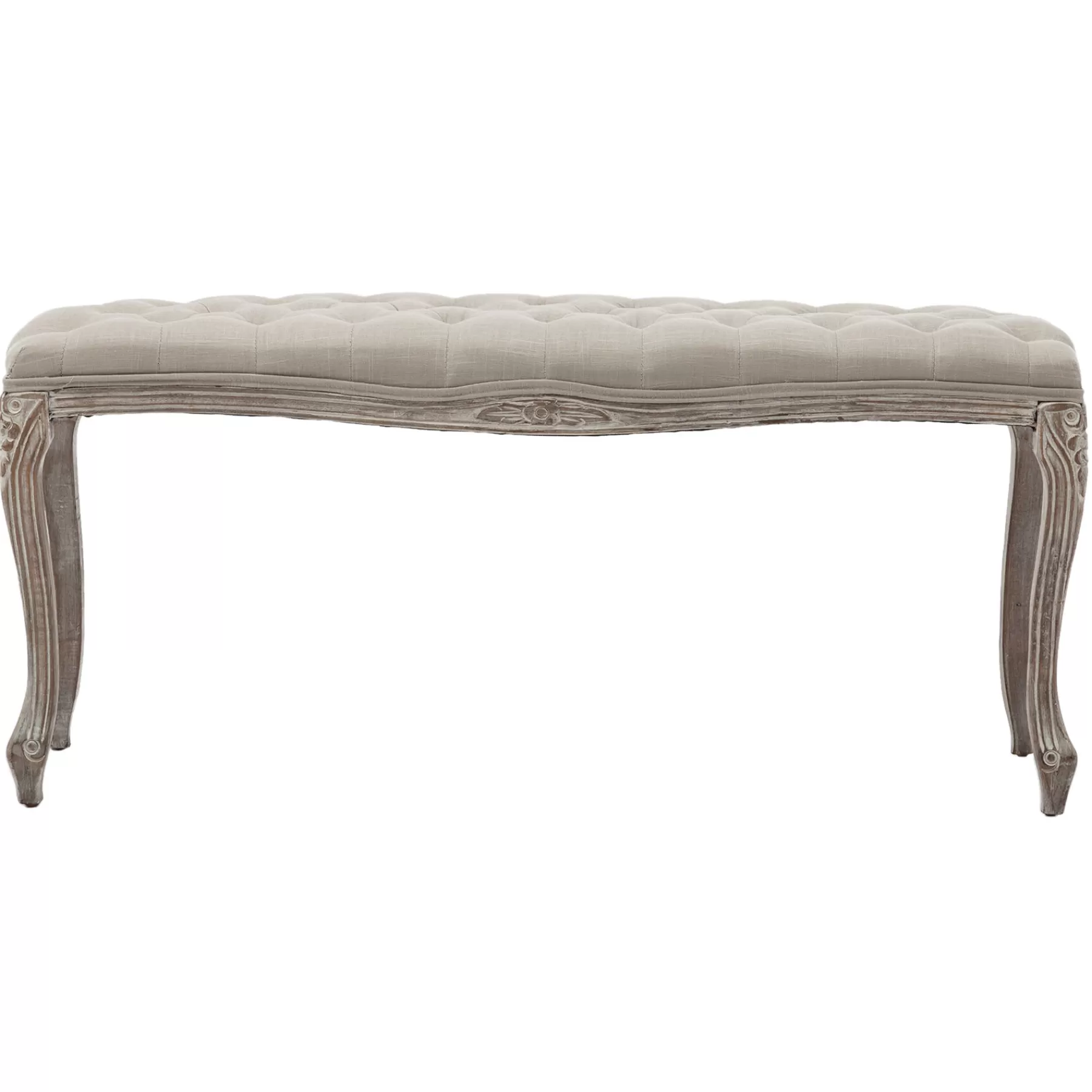 Simone Grey Linen Tufted Bench With Carved Reclaimed Wood Legs Outlet^* Cheap