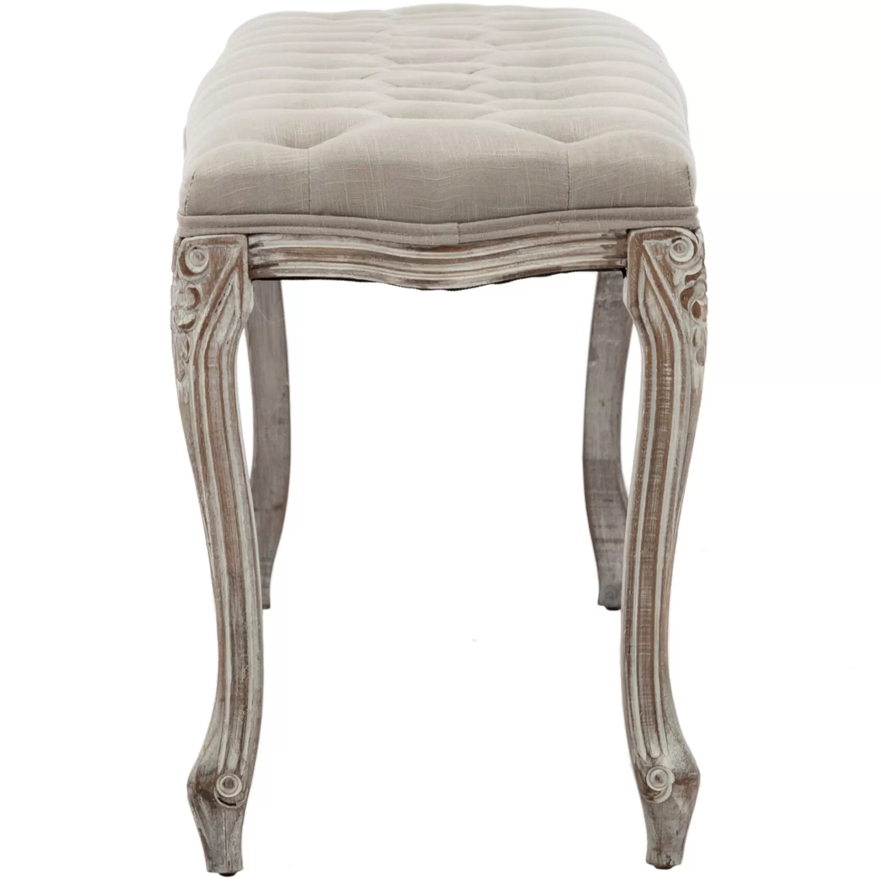 Simone Grey Linen Tufted Bench With Carved Reclaimed Wood Legs Outlet^* Cheap